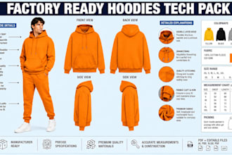 design tech pack, sketches for hoodies cargo pants and mock up for manufacturing