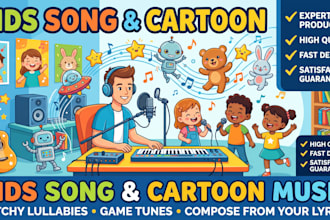 create children, kids, cartoon or game music, song or lullaby on your lyrics