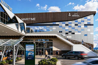 render 3d maritime terminal building,d5 passenger ship,airport exterior showcase