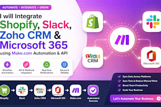 integrate shopify slack with zoho crm,microsoft 365 using makecom automation api