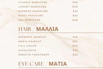 design a luxury price list menu, loyalty card for salon and spa