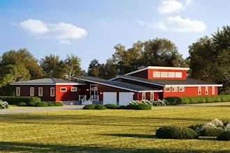render rustic farmhouse exterior, realistic landscaping,visualize suburban house