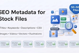 create SEO metadata and CSV for stock images, ai art, vectors and videos