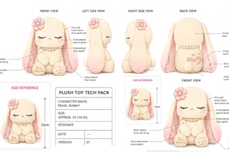 design custom plush reference sheet, stuffed animal character plush tech pack