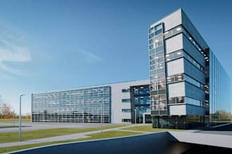 render realistic 3d glass office building facade,  landmark workspace facility