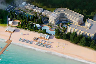 restore 3d resort master plan,outdoor basketball court,seafront residence render