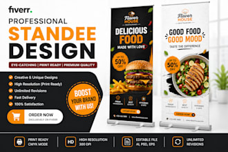 professional design, roll up banner, and standee banner