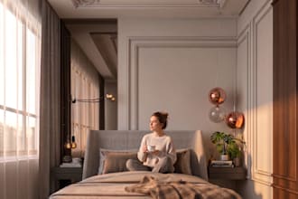 create a modern bedroom interior design with 3d rendering