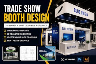 design trade show booth, 3d render, vectorworks shop drawings and graphics