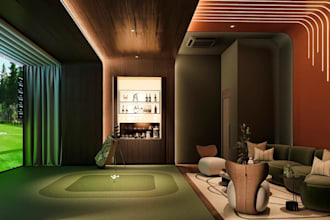 setup 3d golf simulator,sport interior,lounge design,green turf,golf club render