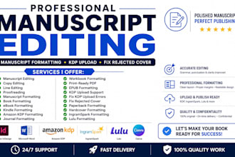 manuscript editing, manuscript formatting, book upload fix reject cover, journal