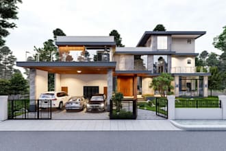 design modern story villa in sketchup, exterior house renovation, parking roof