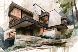 draw an architectural digital marker or watercolor sketches
