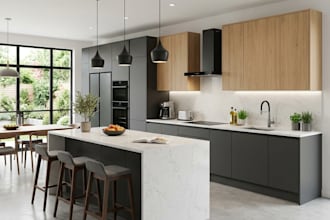 design your modern kitchen interior, cabinet layout with realistic 3d rendering