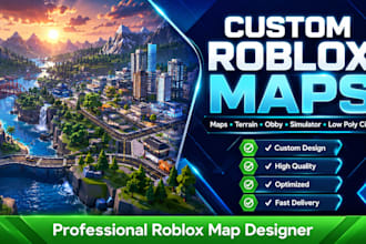 design roblox map, environment, terrain, low poly city, obby and simulator world