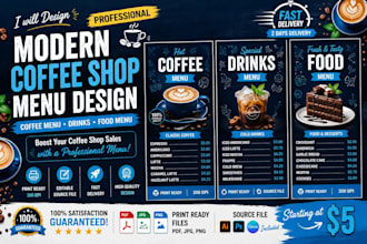 design a modern and professional coffee shop menu