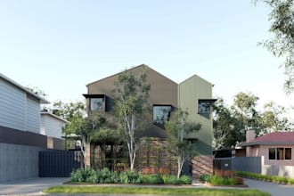 resident building with landscape, townhouse exterior visual, cgi interior render