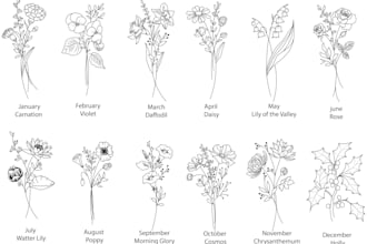 design custom botanical line art and birth month flower illustration