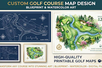 create custom golf course maps in blueprint, watercolor and printable style