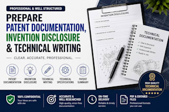 prepare patent documentation, invention disclosure and technical writing