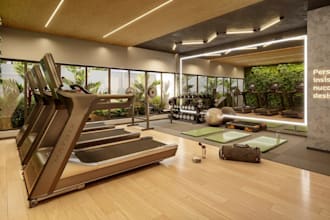 render gym interior layout, home gym 3d visual,functional fitness room 3d design