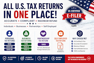 prepare and e file US tax return 1040, 1120 , 1065 schedule c and 5472