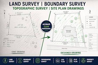 create land survey, boundary survey, topographic survey and site plan drawings