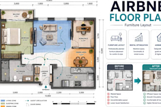 create airbnb floor plan with furniture layout and rental space optimization