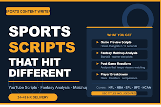 write sports youtube scripts, fantasy sports analysis, weekly matchup content