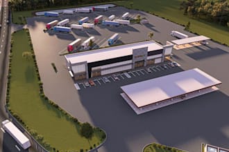 make 3d gas station commercial space, outer design render, landscape site layout