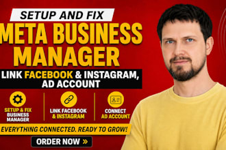 setup and fix meta business manager, link facebook and instagram, ad account