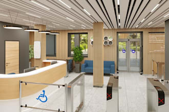 realistic cgi render for office interior layout, reception lobby 3d visual, cafe