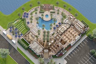 3d masterplan community rendering,recreational space,3d resorts site development