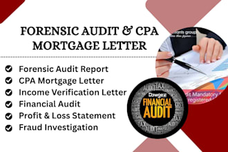 prepare forensic audit, CPA mortgage letter, balance sheet and financial audit