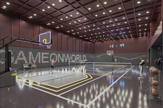 3d visual of athletic arena, sport facility indoor, basketball court, cgi lounge