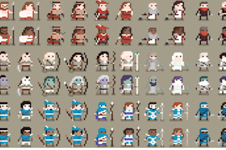 sprite sheet, pixel animation, tileset, pixelart and character design