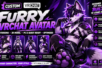 create custom vrchat furry avatar, fursona, vtuber and 3d vrchat avatar