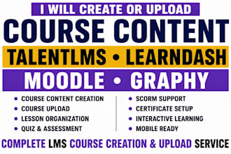 create course content or upload course on talentlms, learndash, moodle, graphy