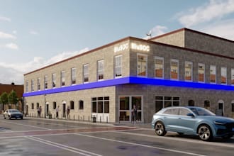 visualize urban building,exterior renovation, commercial facade,office complex