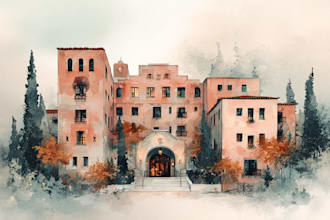 paint digital watercolor house, home building portrait