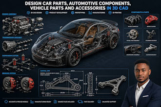design car parts, automotive components, vehicle parts and accessories in 3d cad
