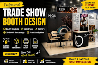 design trade show booth graphics, exhibition backdrop and 3d booth render