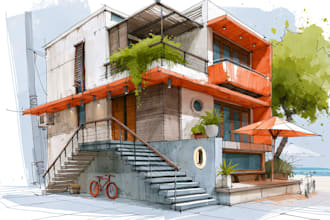 draw architectural sketches of buildings with watercolor
