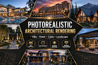do photorealistic architectural rendering for villa hotel cabin and landscape