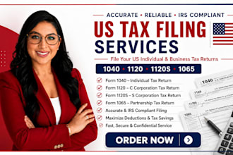 prepare and file US individual and business tax returns 1040, 1120, 1120s, 1065