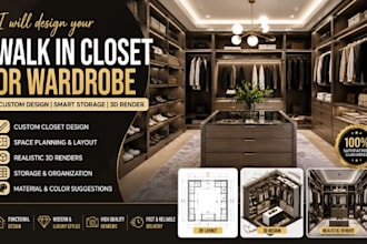 design 3d walk in closet or wardrobe with realistic 3d render