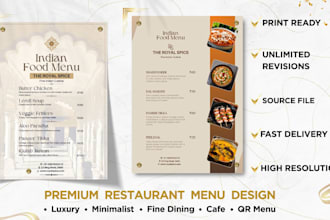 create premium restaurant menu design, modern, minimalist and luxury