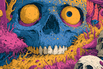 design artwork psychedelic, comic, skull for skateboards