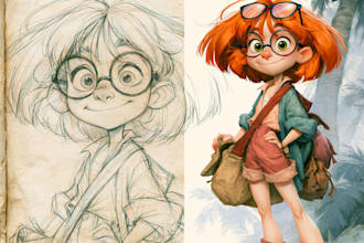 sketch, outline and color cartoon illustrations