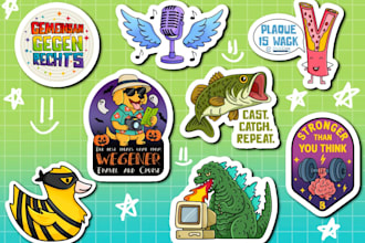 draw cartoon doodle stickers, hand drawn designs for print